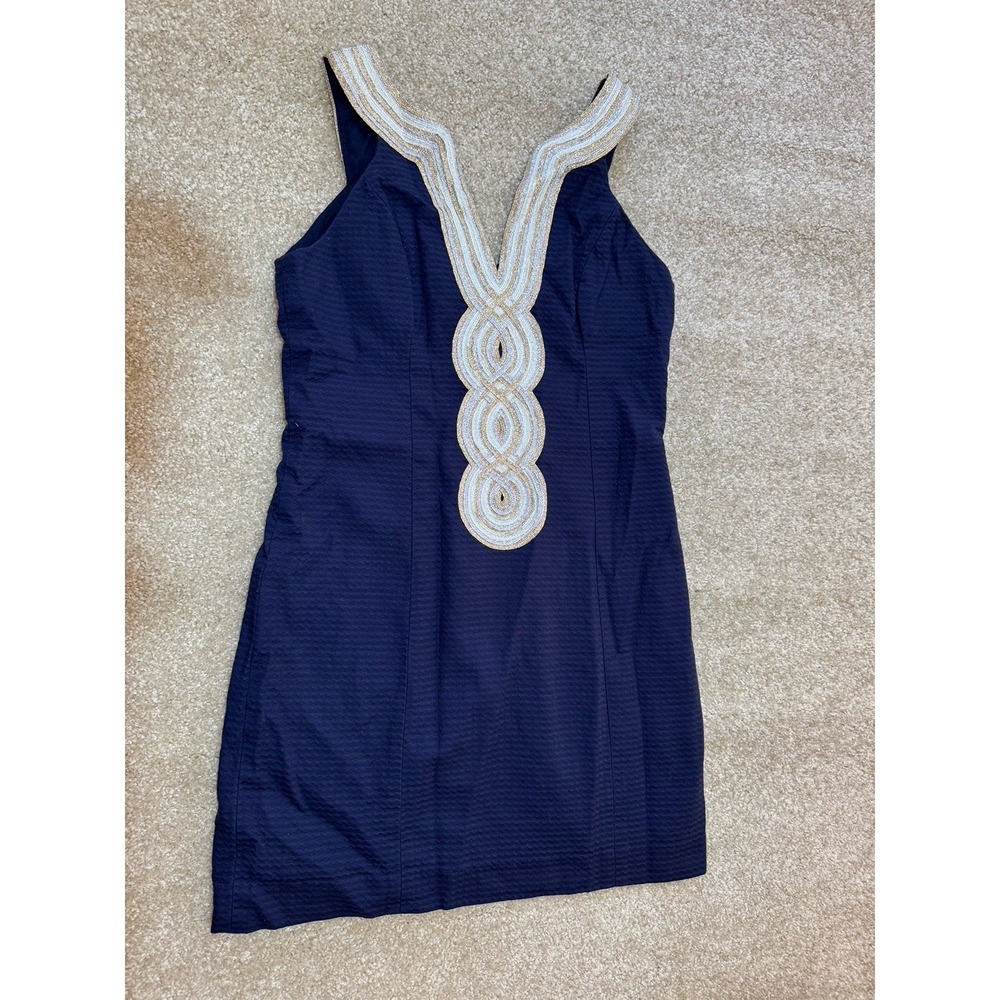 Lilly Pulitzer Valli Shift Dress True Navy‎ Blue Gold Silver Women's Size 4
